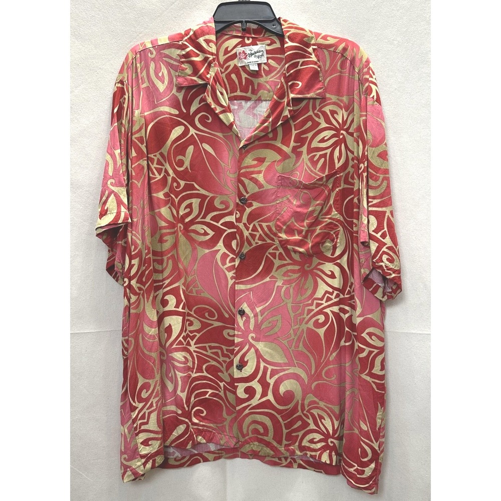 Hilo Hattie Hawaiian Shirt Mens 2XL Red Orange Floral Aloha Camp Button Up USA